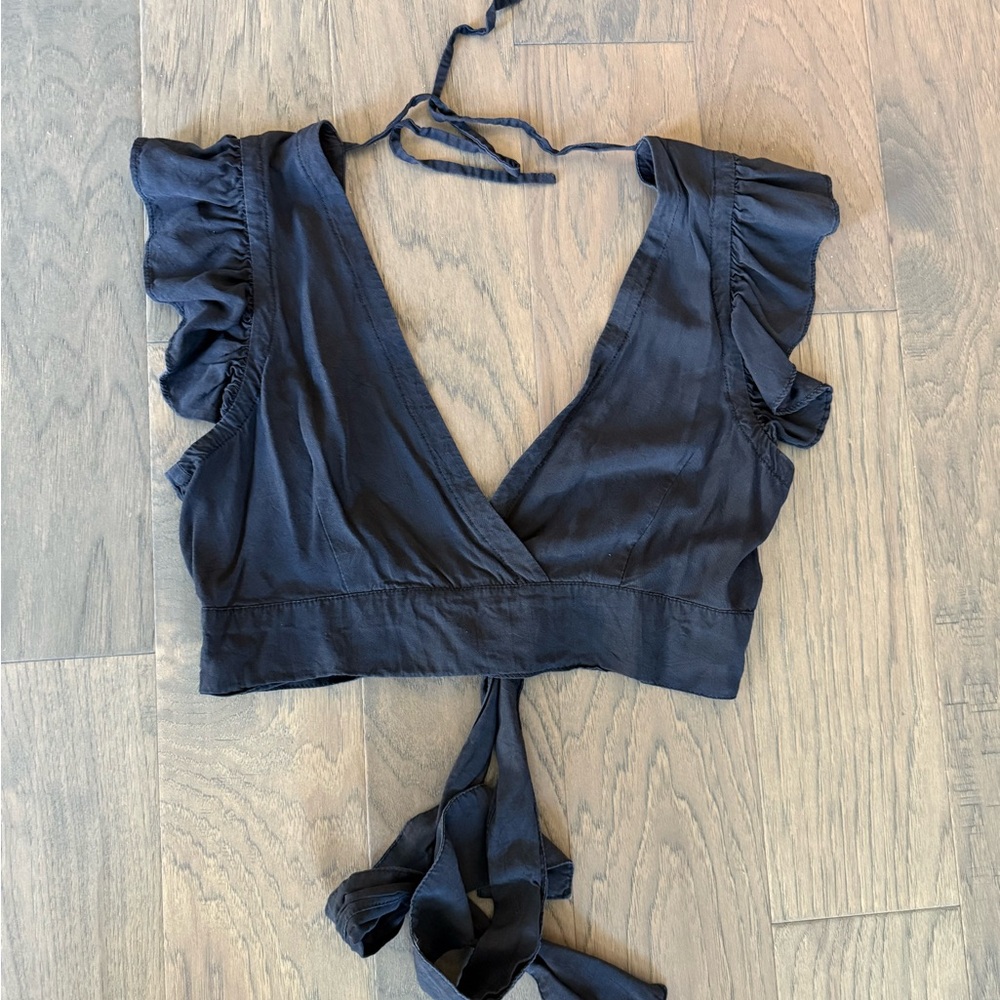Black silk Ruffle Wrap Blouse crop top xs